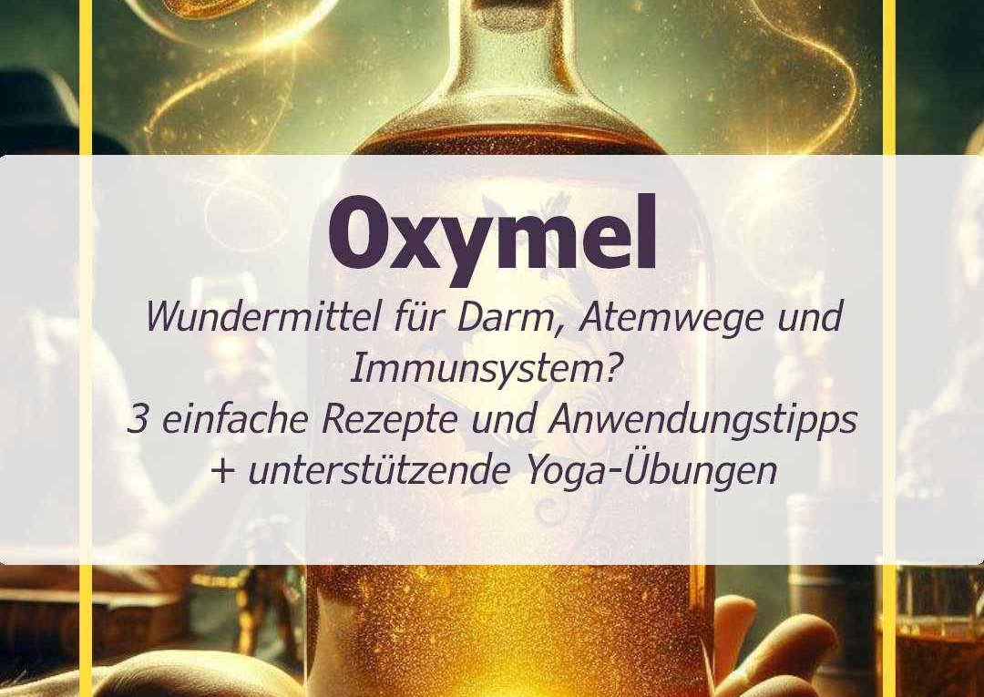 Glasflasche mit dem Wundermittel Oxymel und im Hintergrund Menschen die es geniessen - Aus dem Beitrag: Oxymel Wirkung Rezepte Studien
